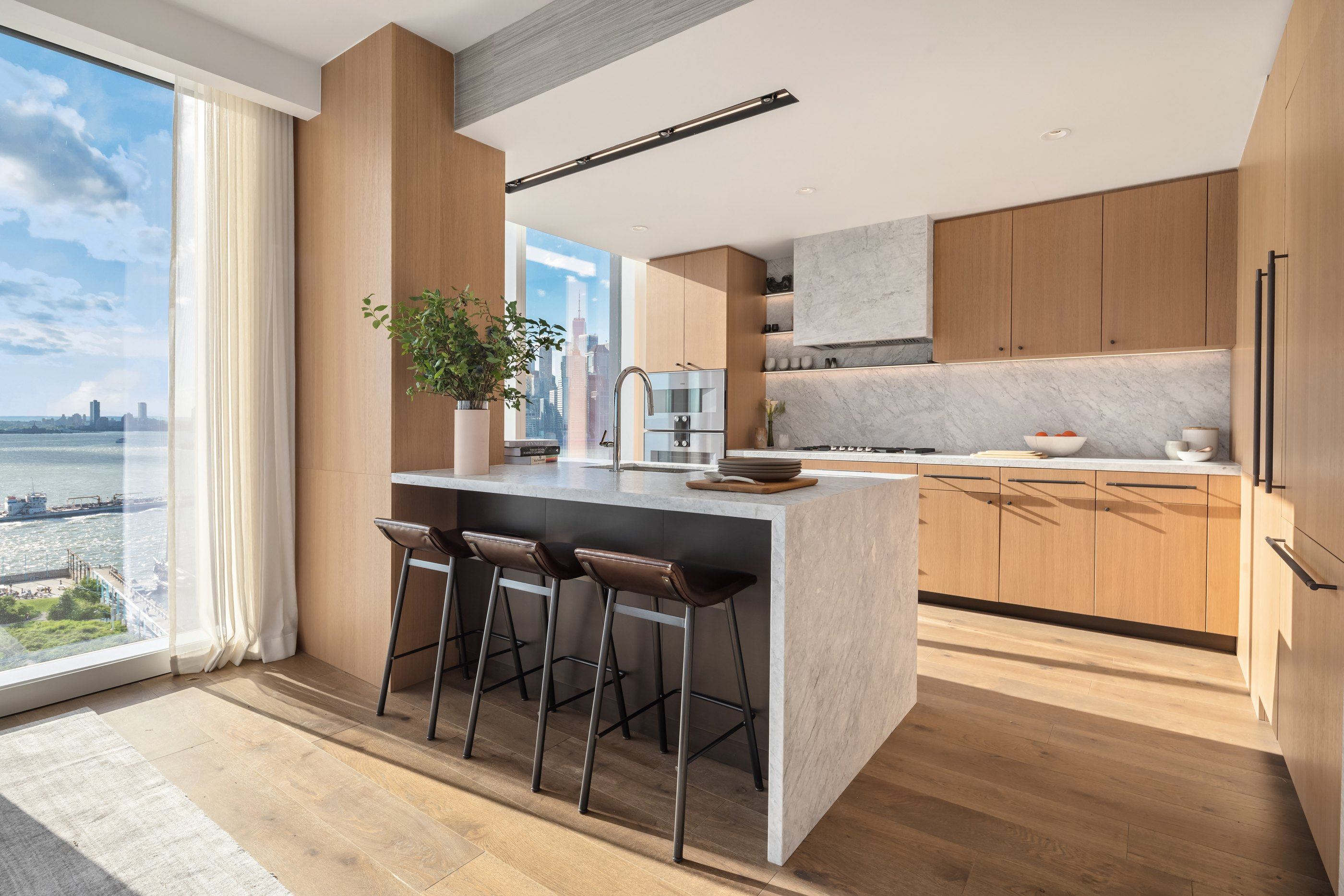Kitchen with harbor views