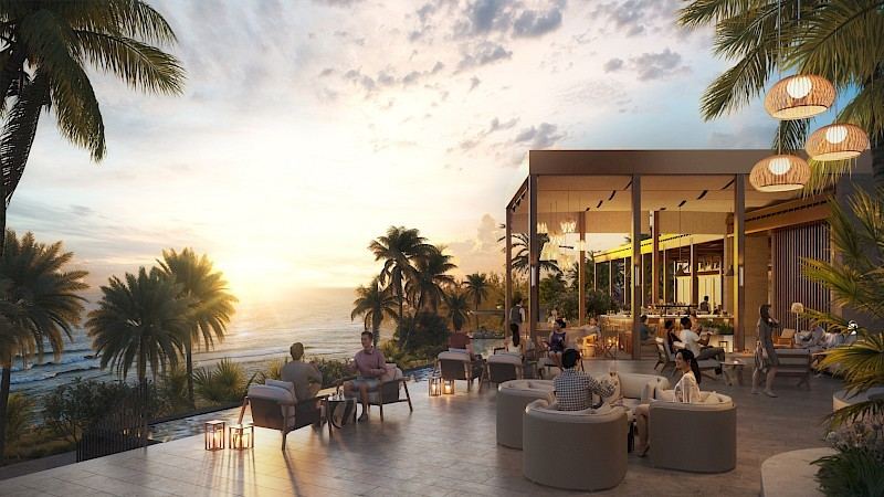 Oceanfront restaurant terrace at sunset