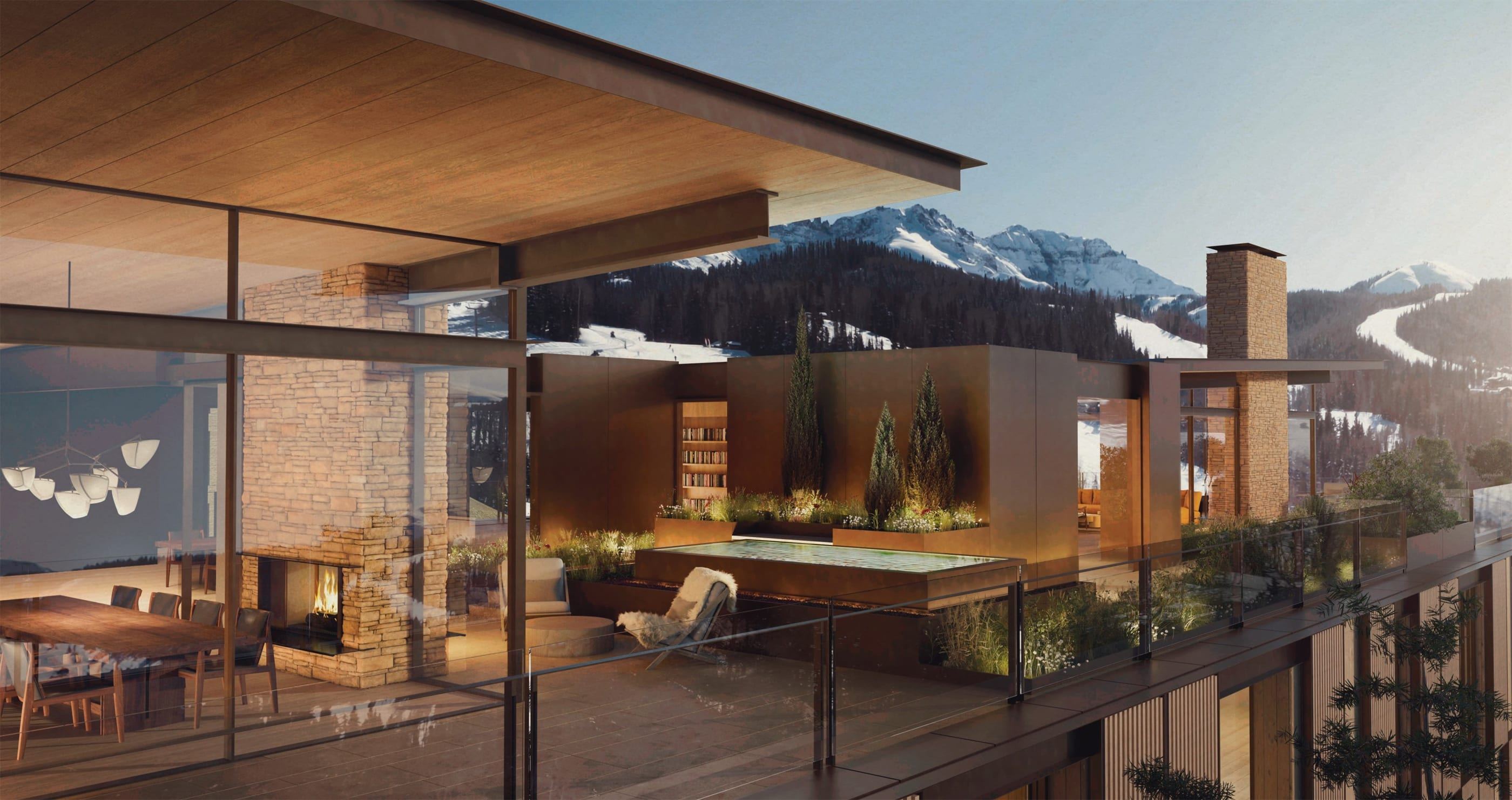 Penthouse terrace with plunge pool and fireplace