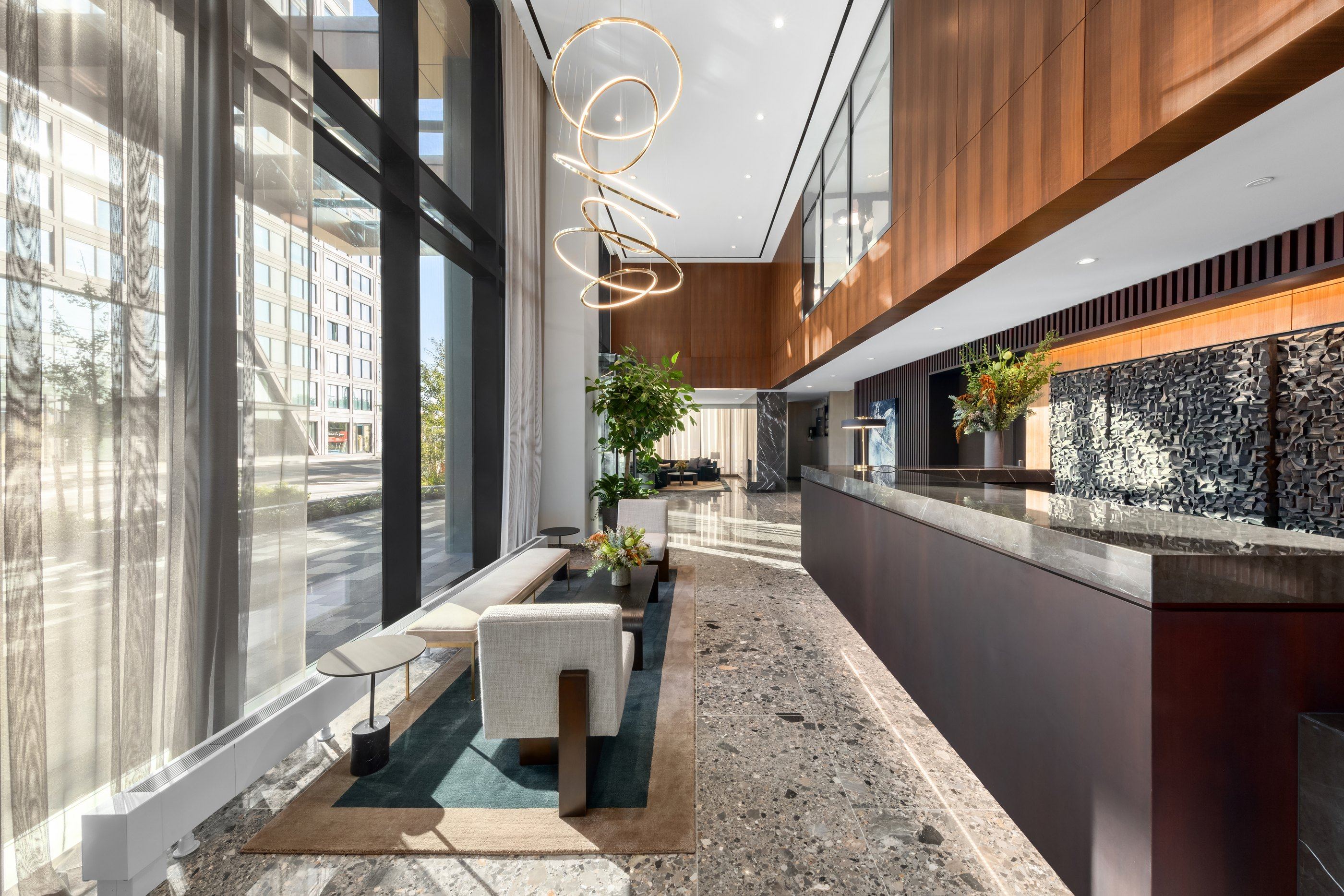 Lobby lounge along the window wall