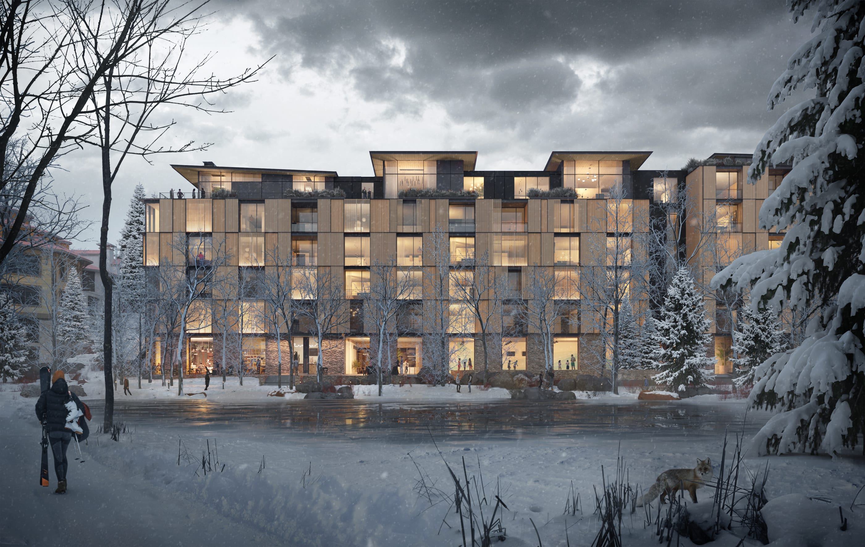 The resort at dusk in falling snow
