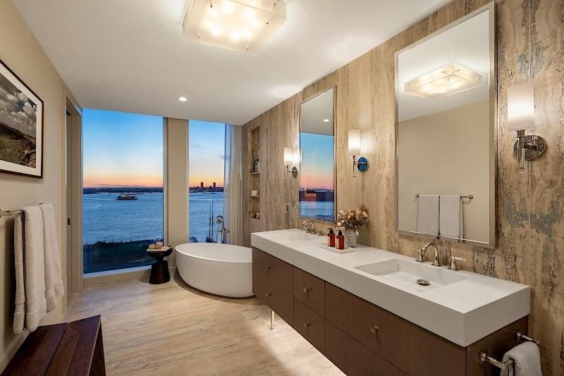 Primary bath with harbor views