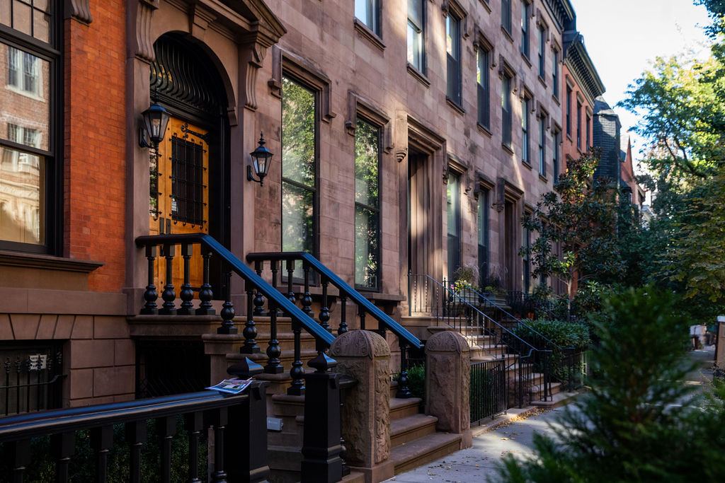 Brownstone stoops on a tree-lined Brooklyn street