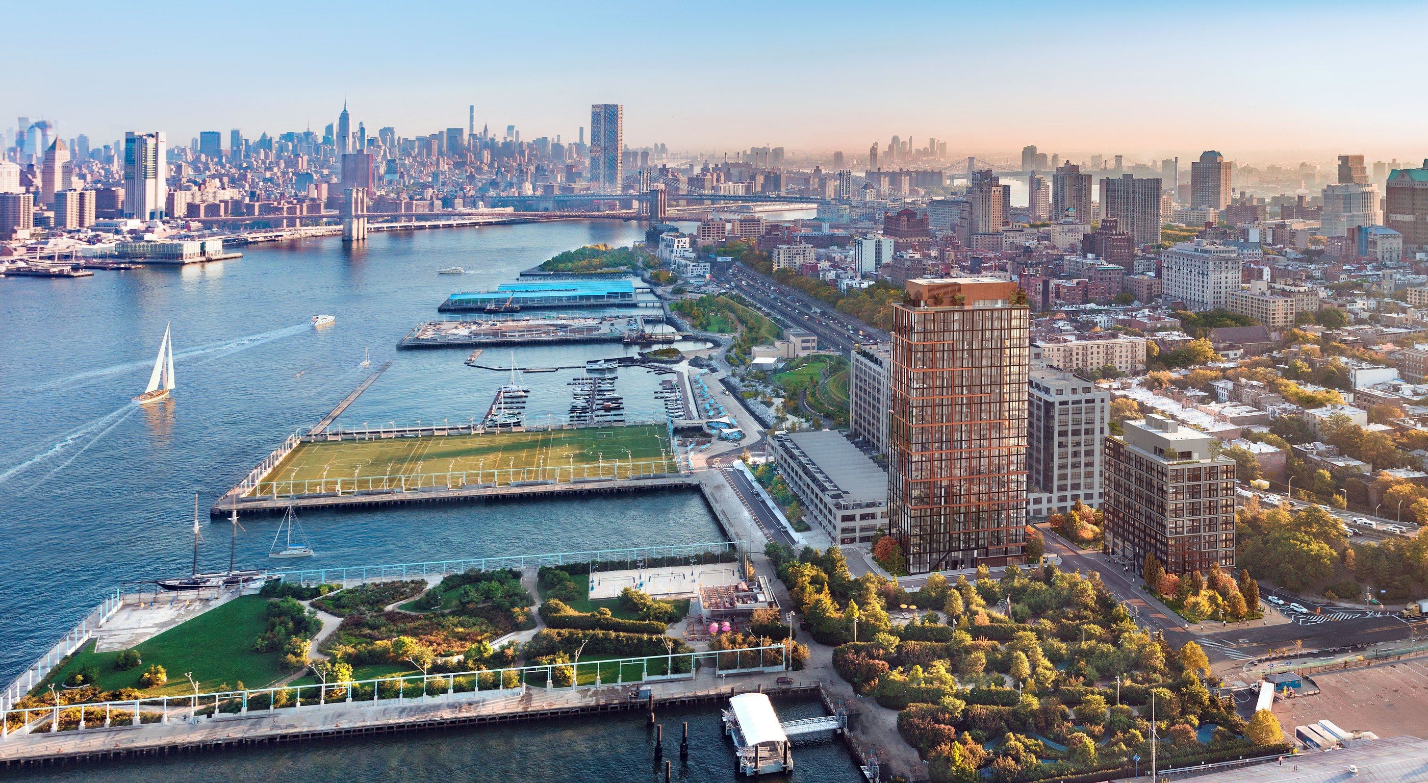 Quay Tower and Brooklyn Bridge Park from above, lower Manhattan beyond