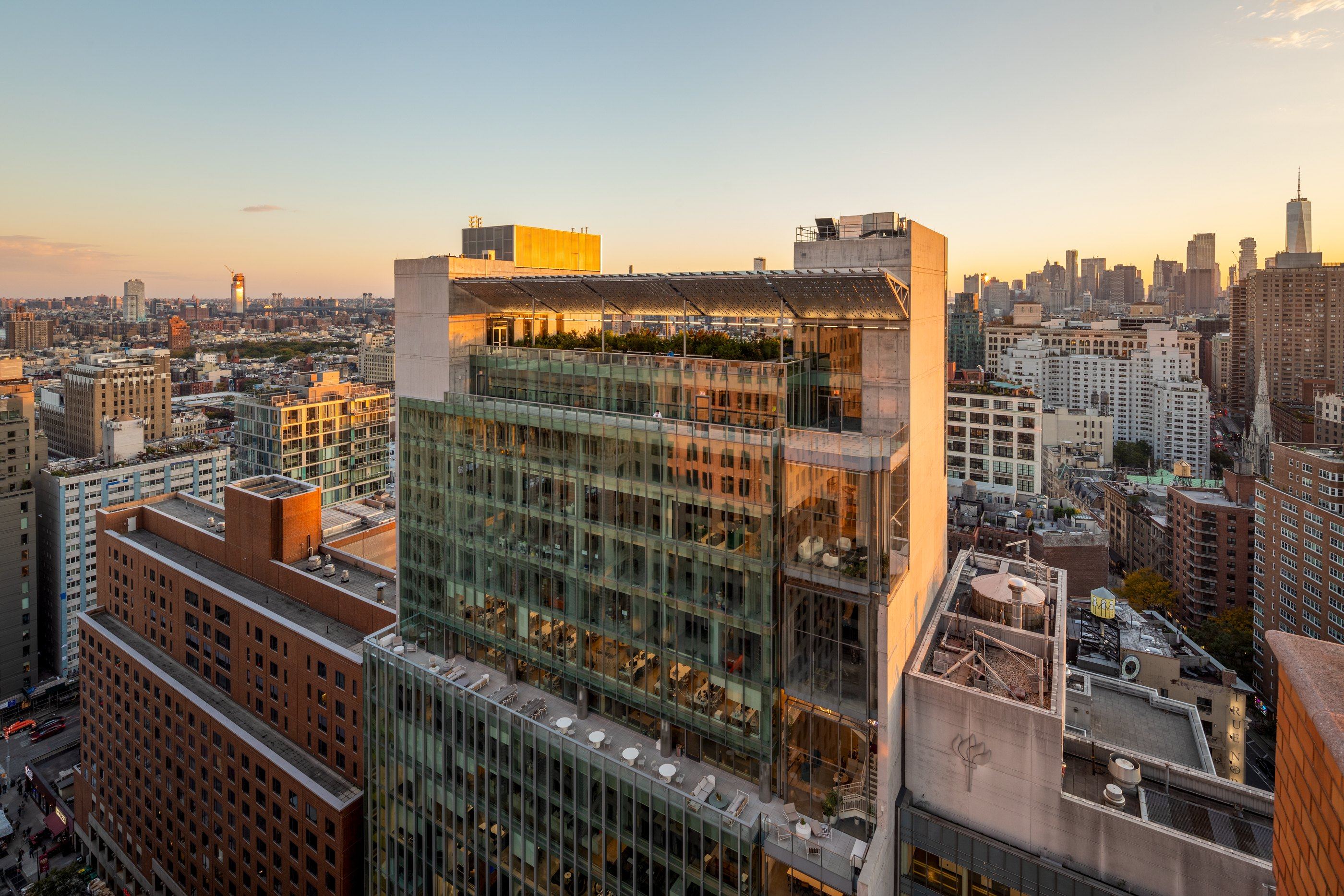 Zero Irving at sunset above Union Square, with lower Manhattan beyond