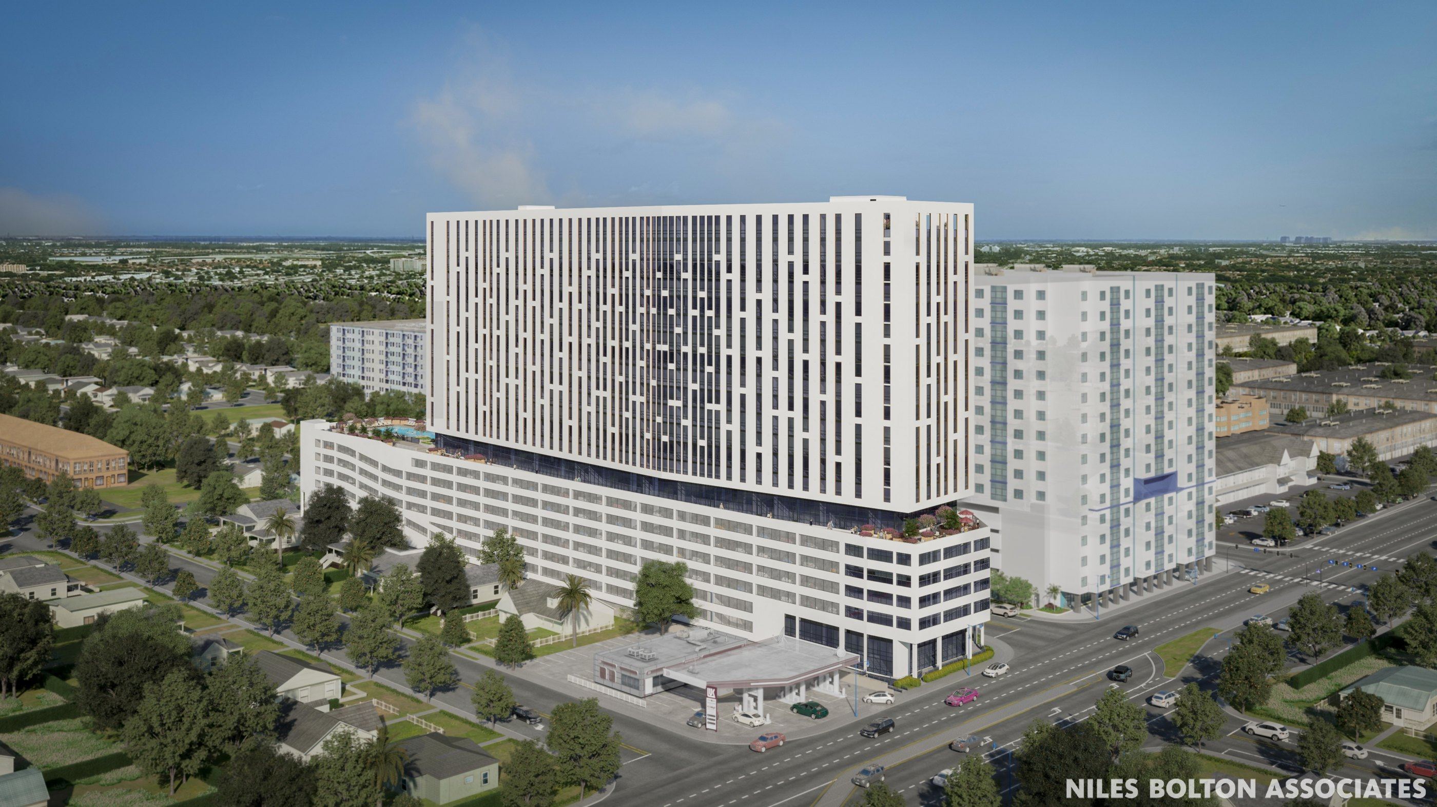 Rendering of CASA FIU from above, with the pool deck and campus surroundings