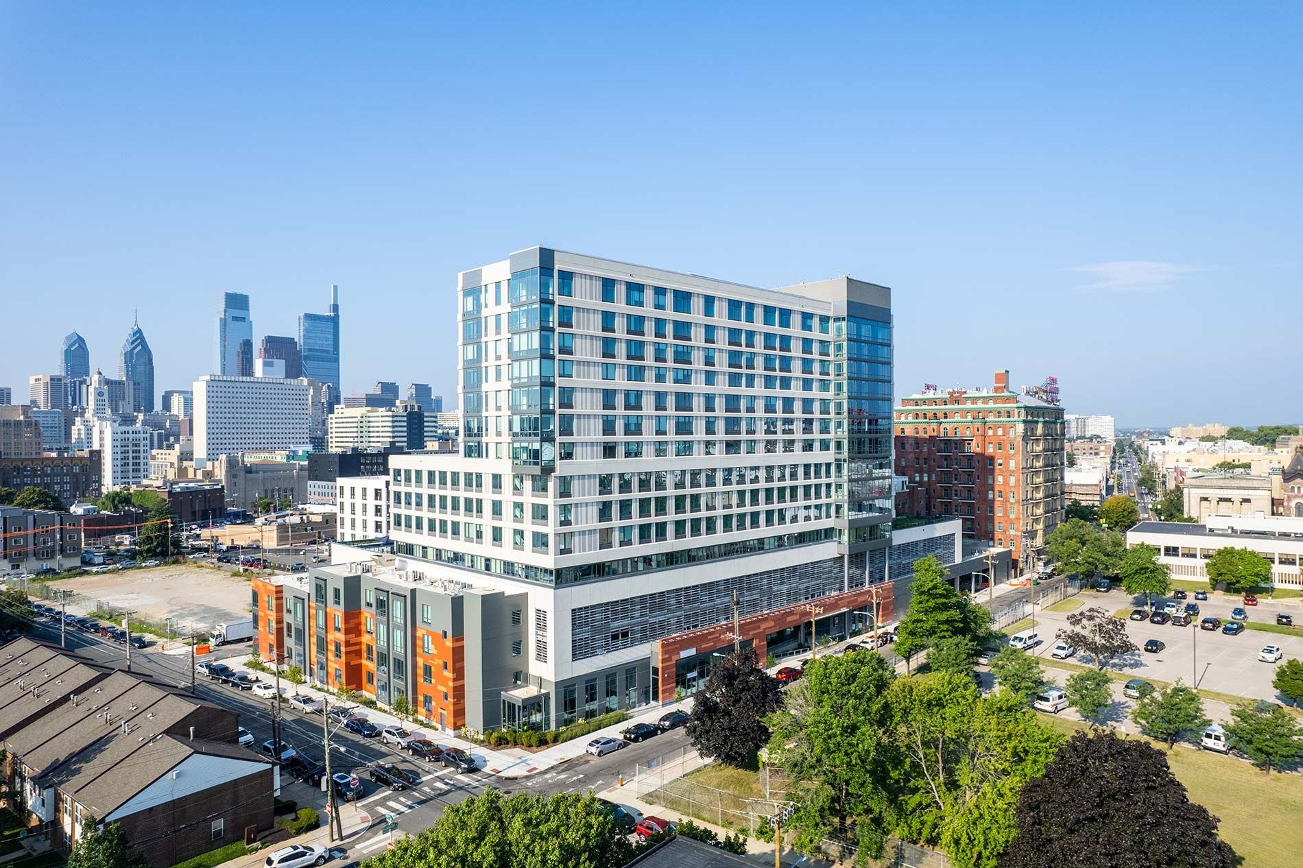 Aerial view of Broadridge on North Broad Street with the Center City skyline behind