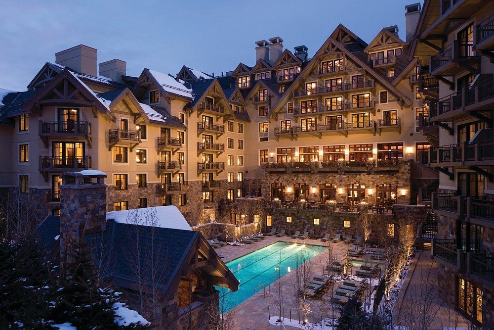 Four Seasons Vail courtyard and pool at dusk in winter