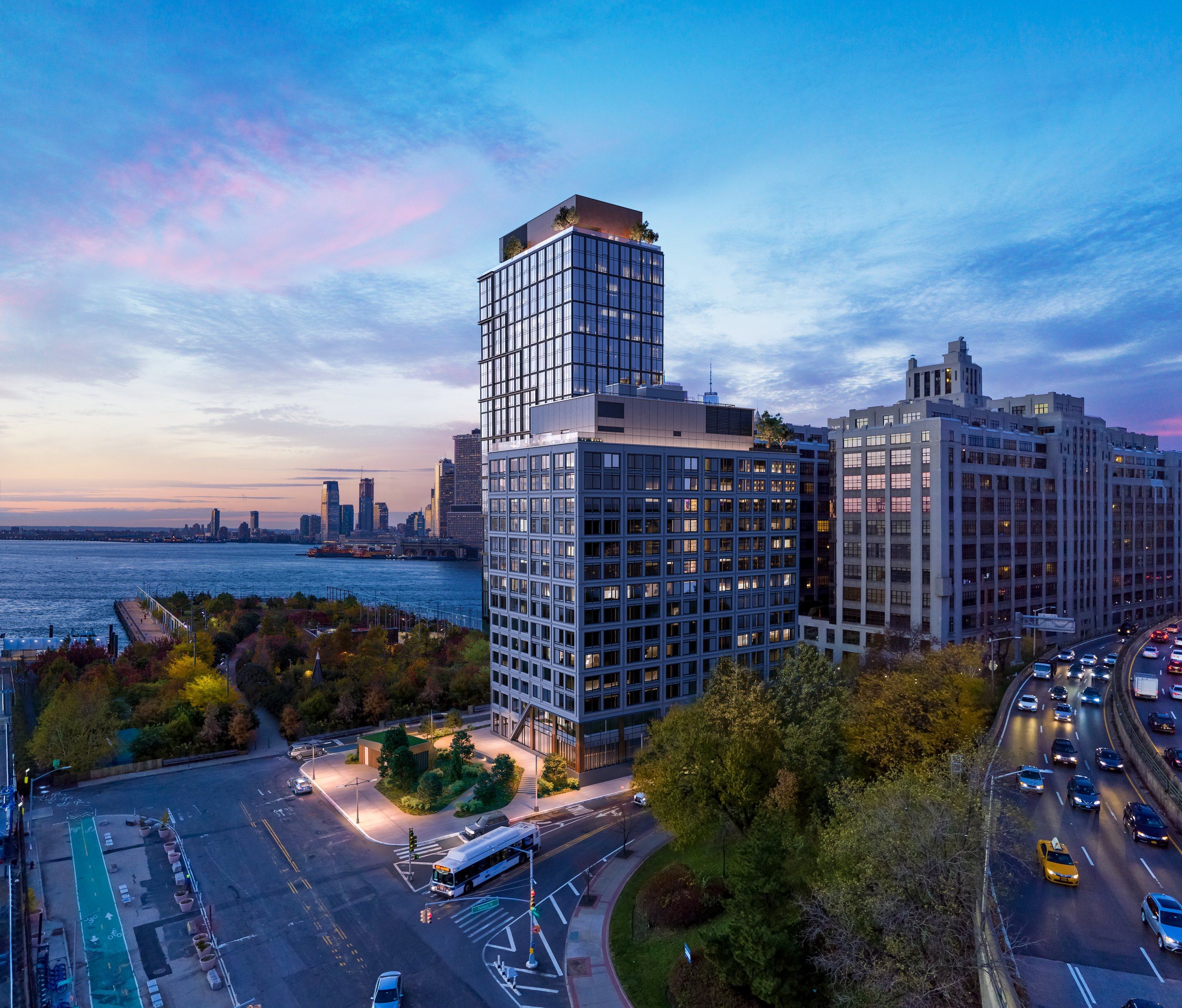 The Landing at dusk with Quay Tower behind and One Brooklyn Bridge Park to the right
