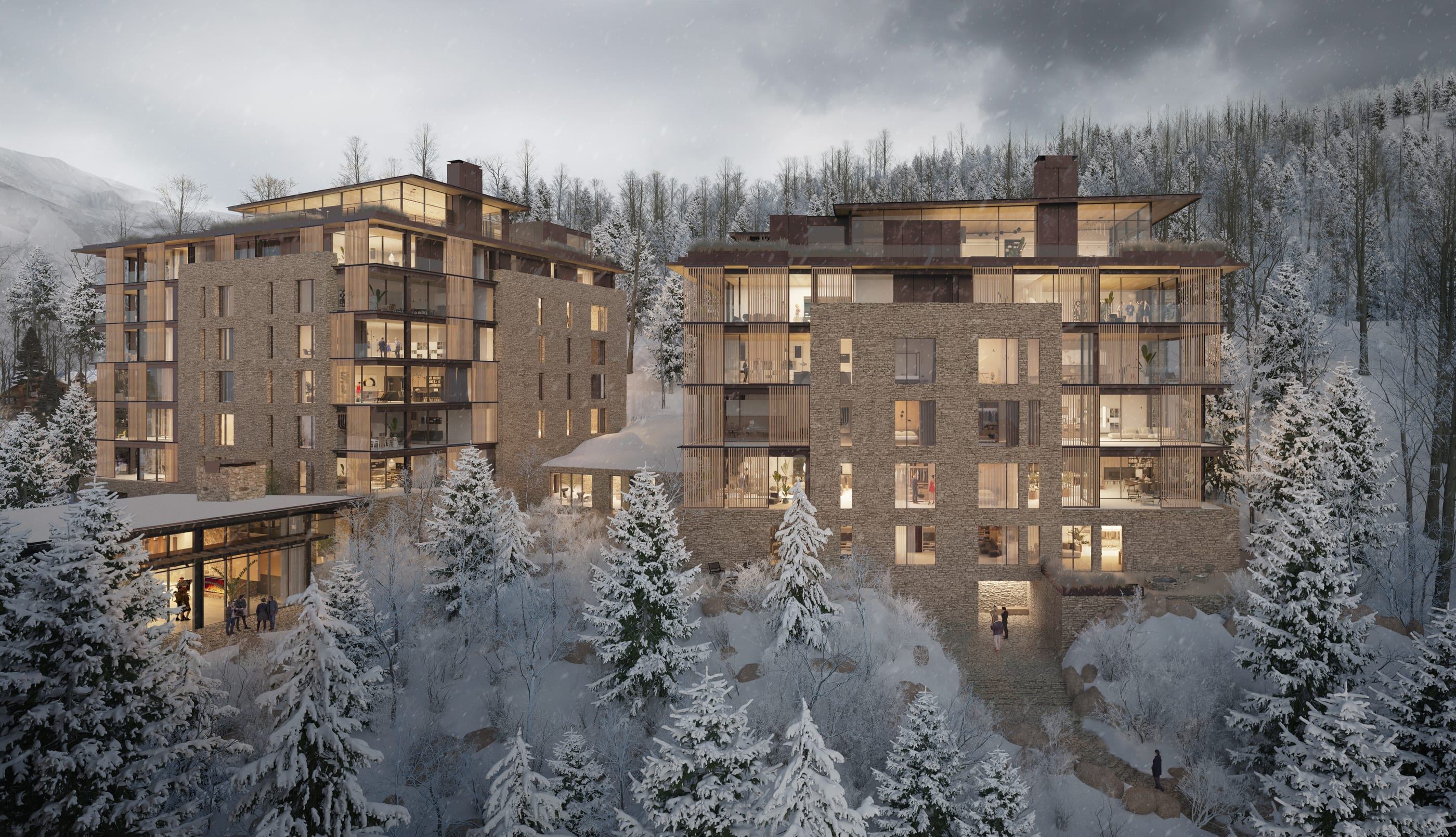 Rendering of the resort lit at dusk above snow-covered pines