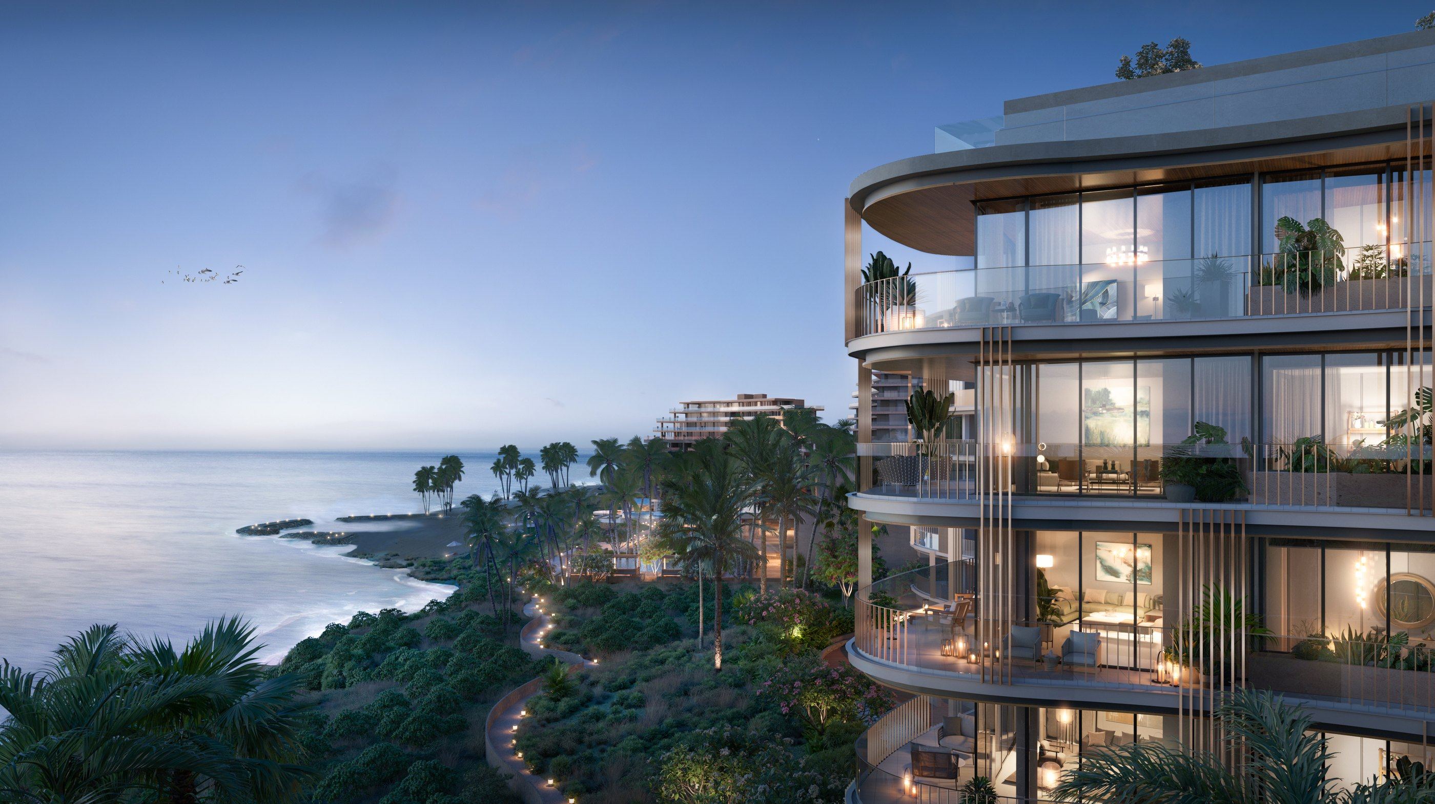 Rendering of the Mandarin Oriental residences at twilight