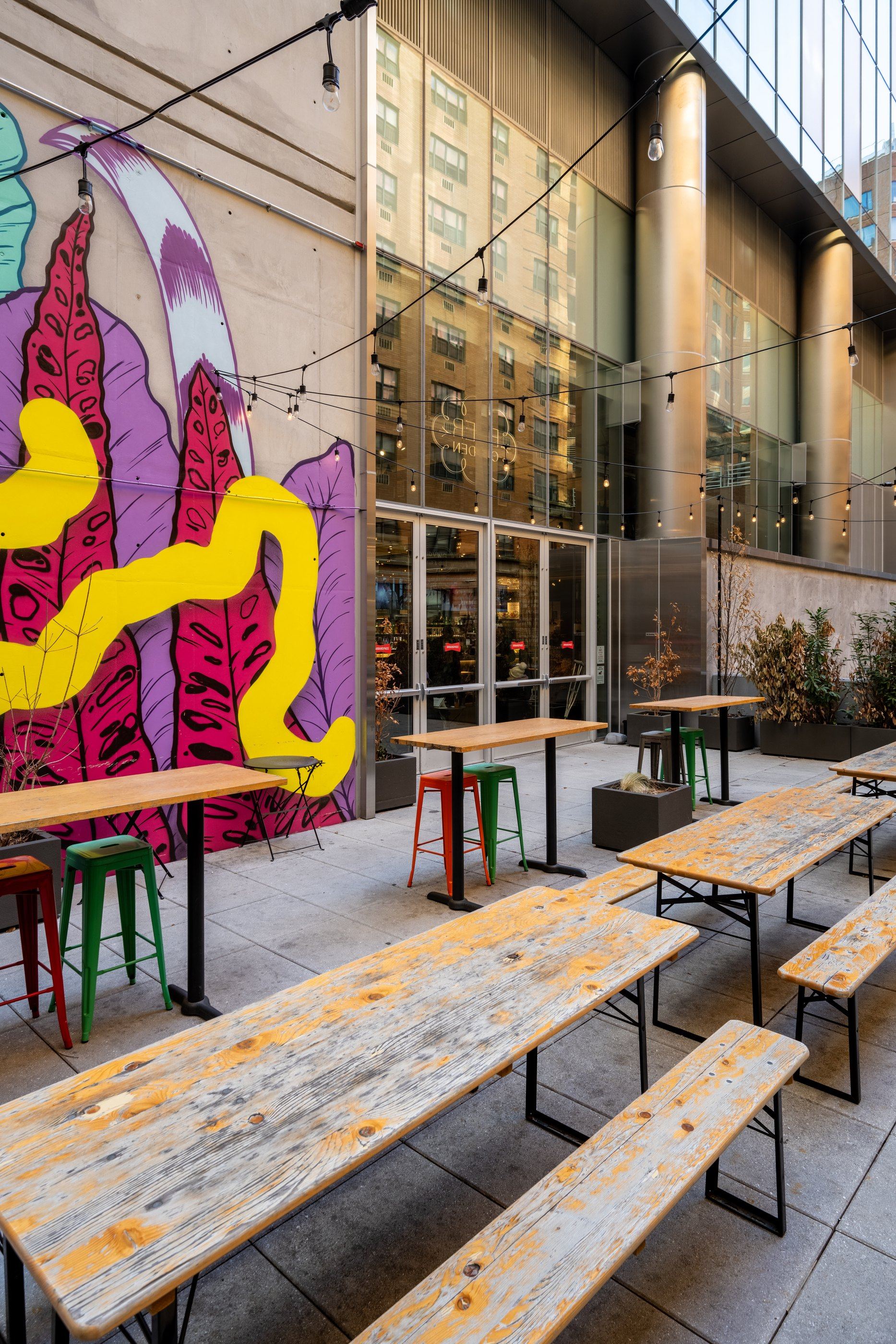 Terrace seating beside the food hall