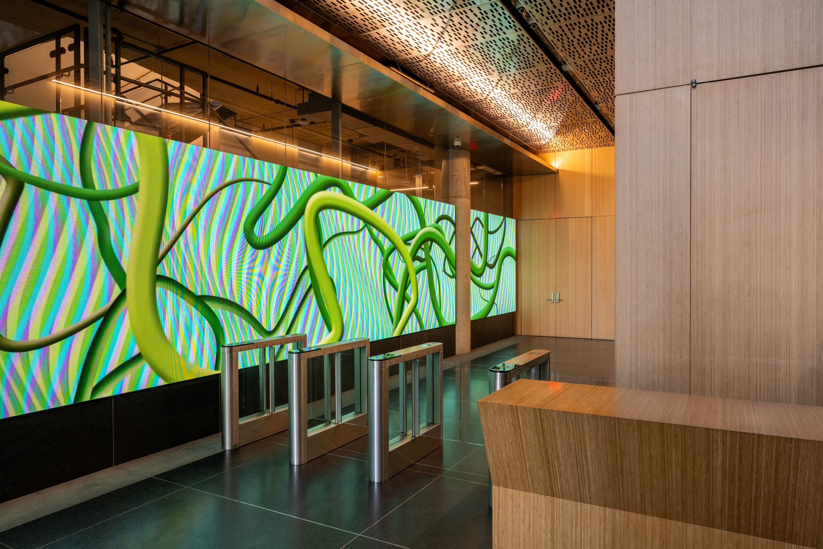 Lobby art wall and turnstiles