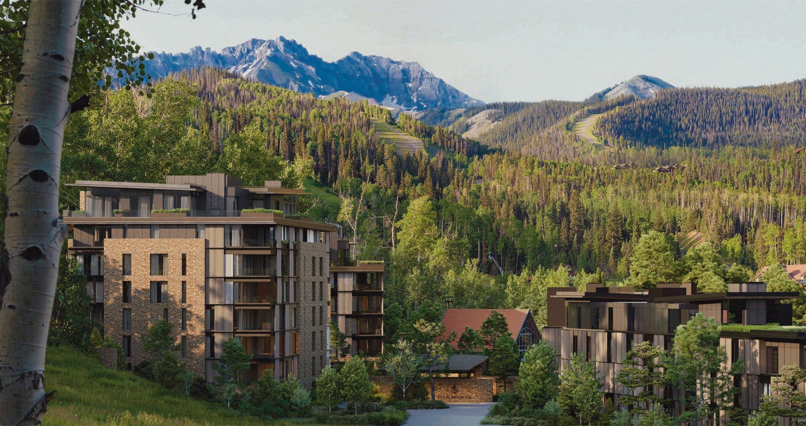 Rendering of the resort's buildings among aspens and pines in Mountain Village, with the San Juan Mountains behind